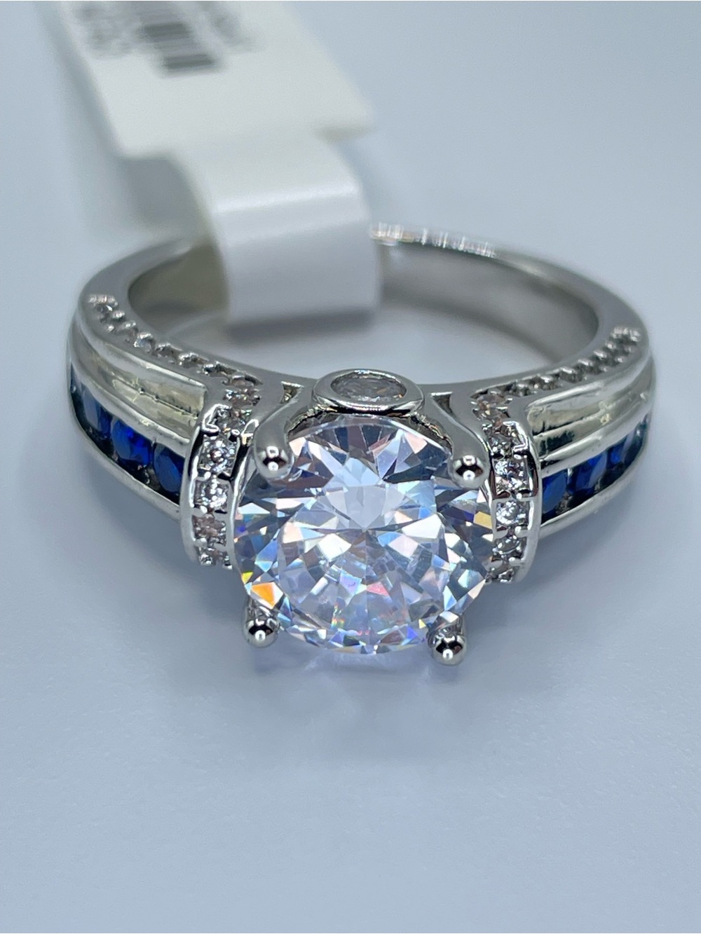 Swarovski Crystal Elements Blue White Crystal Solitaire Ring Sz 8.5 Glam Bridal